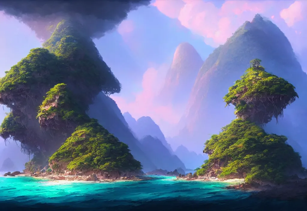 Prompt: beautiful mountain island covered in jungle with a small town, epic blue sky, ocean, cinematic view, concept art, high detail, well lit, volumetric, godrays, vivid, trending on artstation, by jordan grimmer, art greg rutkowski