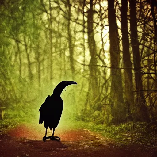 Image similar to a tall, muscular crow walking in a forest, sunset, realistic, romantic, enchanting, dreamy, IMAX