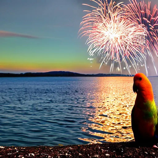 Prompt: lovebird sitting at shore, reflective, sunny day, fireworks, landscape photography, nature
