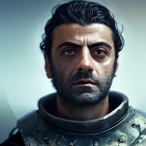 Image similar to oscar isaac portrait, dystopia core, apocalyptic, armor, warrior, dramatic, sharp focus, fiction, neon, fantasy, hyper detailed, digital art, trending in artstation, cinematic lighting, studio quality, smooth render, unreal engine 5 rendered, octane rendered, art style and nixeu and wlop and krenz cushart