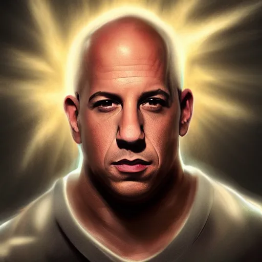 Image similar to Portrait of Vin Diesel as a angel with a halo above the head, digital art, trending on artstation, detalied,