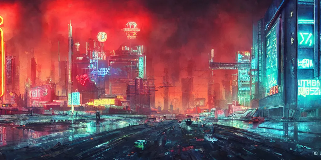 Prompt: landscape of a cyberpunk soviet city with neon hammer and sickle sign, watercolor, ultra realistic, highly detailed, hd, sharp focus, cinematic lighting, mood lighting, realistic, photorealistic, vivid colors, painting, photograph, digital art, non blurry, sharp, artstation, concept art, smooth, illustration