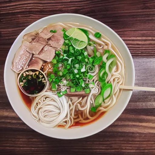 Image similar to flatlay realistic photo of delicious pho, ramen, highly detailed, natural light, 8 k hd, award winning