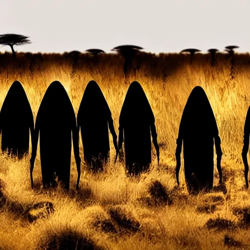 Image similar to dark silhouette of aliens disembarking lit ufo in african savannah, traditional photography