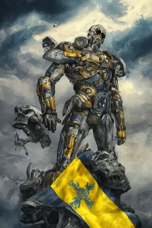 Image similar to a full body shot from distance of a super soldier with a Ukrainian blue and yellow stripes flag standing in the beam of light from the clouds on a pile of skulls and rotten cars as a winner, masculine figure, D&D, fantasy, intricate, elegant, highly detailed, digital painting, artstation, concept art, matte, sharp focus, symmetrical, illustration, hyperrealistic, art by Artgerm and Greg Rutkowski and Alphonse Mucha