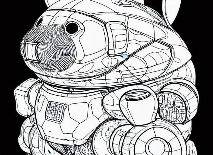 Image similar to a giant anthropomorphic hamster shaped mecha, moebius, detailed line art,