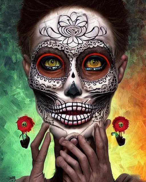 Image similar to dia de los muertos theme surrealist art in the styles of igor morski, jim warren, and osborne macharia, intricate, hyperrealistic, accurate facial details, profile picture with chromakey!!!!! background, volumetric lighting