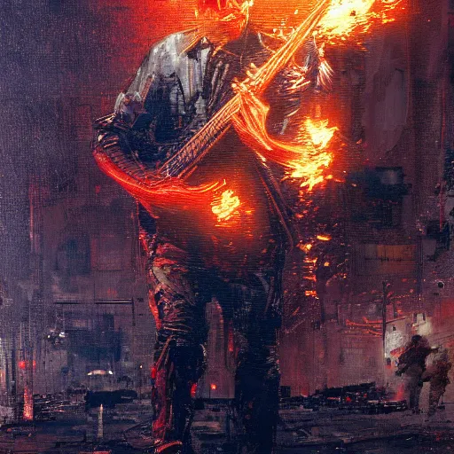 Image similar to a cyborg playing guitar, flames shooting from guitar, ruined street, blood moon, by Jeremy Mann, stylized, detailed, realistic, loose brush strokes