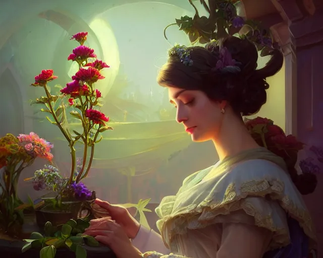 Image similar to a florist, photography of kurzgesagt, deep focus, d & d, fantasy, intricate, elegant, highly detailed, digital painting, artstation, concept art, matte, sharp focus, illustration, hearthstone, art by artgerm and greg rutkowski and alphonse mucha