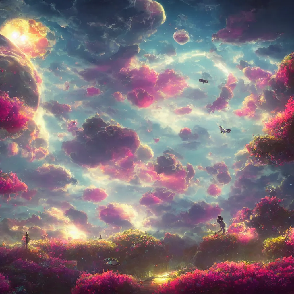 Prompt: digital illustration, a world full of life divine thrill of biological tranquil sky, atoms floating, flowers, spaceship, in the style of greg rutkowski and lisa frank, high detailed 8 k