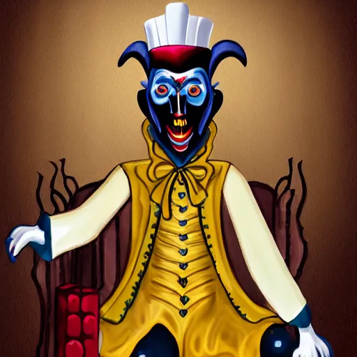 Image similar to a vampire sitting on a throne in his castle during the american revolution. he is surrounded by paintings and is wearing a bright clown emoji mask. character design by john and ai