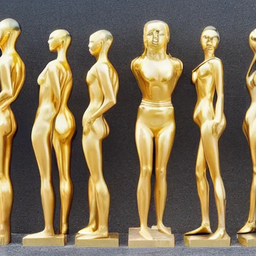 Image similar to A beautiful body art of a group of people standing in a line. They are all facing the same direction and appear to be waiting for something. gold statue by Constant Permeke threatening, graceful