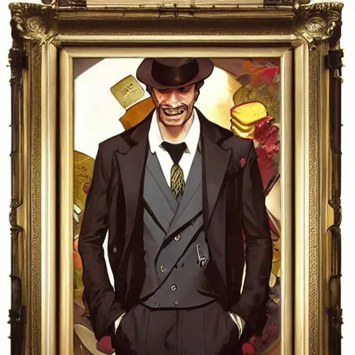 Prompt: man wearing a suit made of cheese. he is dressed as a superhero. clean elegant painting, beautiful detailed face. by artgerm and greg rutkowski and alphonse mucha