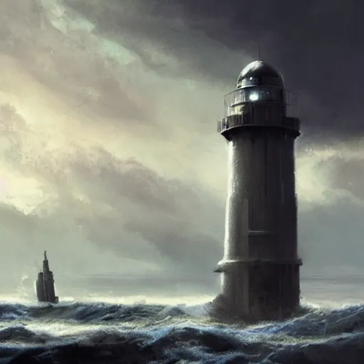 Image similar to star wars concept art by greg rutkowski, a brutalist giant tower in the shape of a lighthouse in the middle of a raging and stormy ocean, lightning storm and gale force winds, dark environment, dramatic atmosphere, artstation hq.