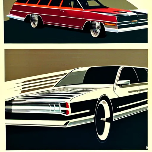 Image similar to concept art for a station wagon covered in mounted guns, painted by syd mead, high quality