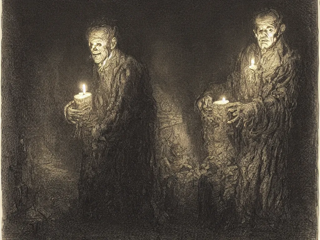 Prompt: Expressive portrait of an old frankensteins monster. Candlelight. Painting by Gustave Dore, rembrandt