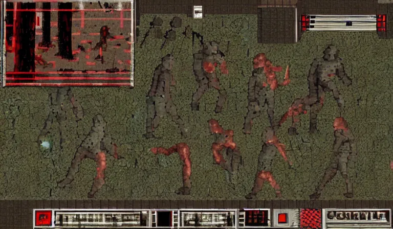 Image similar to Combat in a survival horror game, PS1, 2D sprites, gameplay screenshot, by Hieronymous Bosch