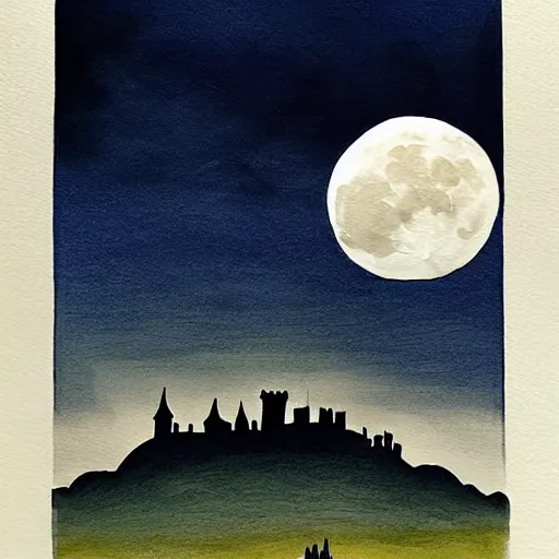 Prompt: highly detailed, silhouette of a castle on misty mountains, beautiful, calm, full moon, gouache painting