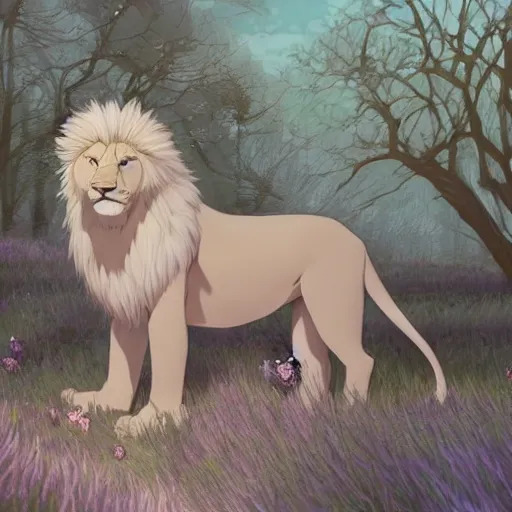 Image similar to aesthetic portrait commission of a albino male furry anthro lion under a lavender tree surrounded by by soap bubbles while wearing a masculine cozy soft pastel winter outfit, softest winter atmosphere. character design by artgerm, and makoto shinkai, detailed, inked, western comic book art, 2 0 2 0 award winning painting