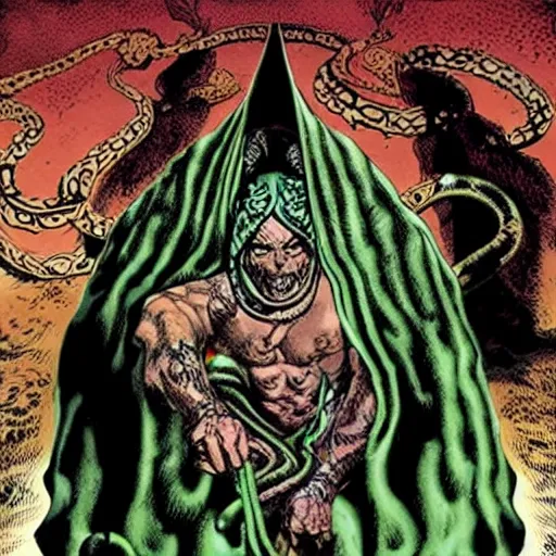 Image similar to a mysterious but ominous looking cult leader with snakes and snails on his head, art by Glenn Fabry, Simon Bisley, Clint Langley and Simon Davis.