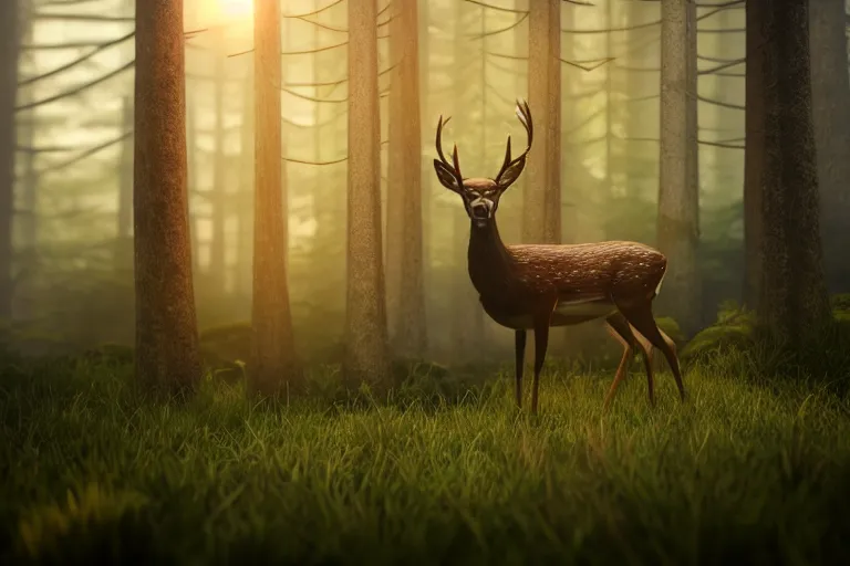 Image similar to a close up of the head of a deer with glowing eyes in the foreground, background of a landscape misty forest scene, the sun glistening through the trees, hyper realistic photograph, octane render 8k, trending on artstation, unreal engine