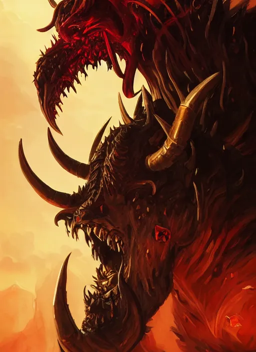 Prompt: hellish demon with forked tongue and horns, satan, gold fangs, close up, sinister, portrait, highly detailed, digital painting, artstation, concept art, matte, sharp focus, illustration, dramatic, cinematic sunset, hearthstone, art by artgerm and greg rutkowski and alphonse mucha