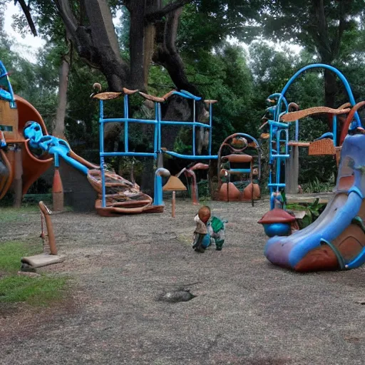 Prompt: studio ghibli post apocalyptic playground with little kids playing on it