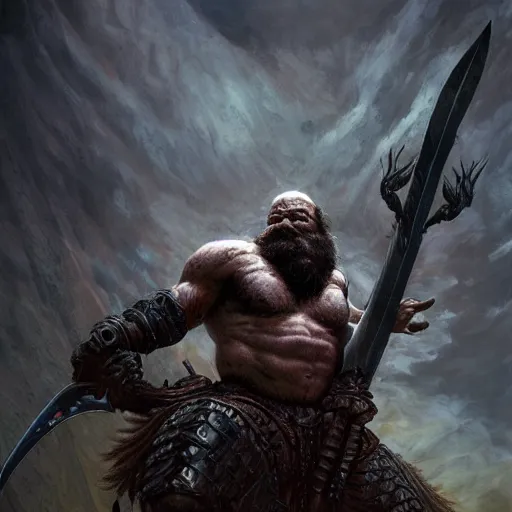 Prompt: an - epic - photo - of - a - bearded - barbarian, muscular, fantasy, masculine, sword, deathscape, wayne barlowe l, mid - action, ultra - detail, dramatic - lighting, octane fender,