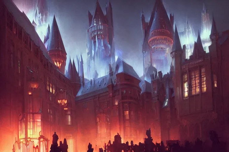 Image similar to Hogwarts, neon lighting, night city, digital art from artstation by Ruan Jia and Mandy Jurgens and Artgerm and william-adolphe bouguereau and Greg Rutkowski and Wayne Barlowe