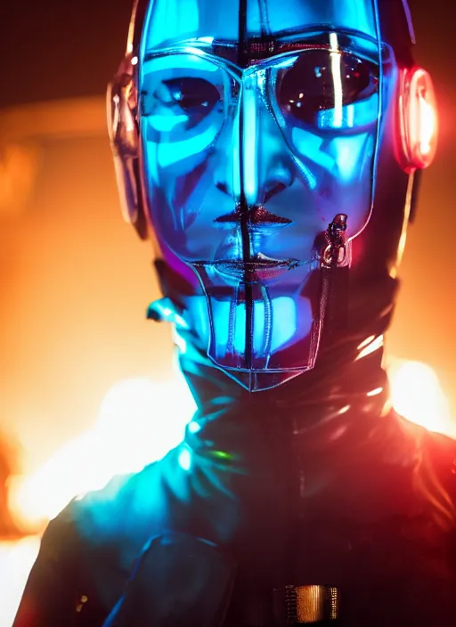 Image similar to a close-up of cyberpunk model man with black eyes and visible face wearing latex catsuit and lots of transparent and cellophane accessories, blue hour, twilight, cool, portrait, Kodachrome, ISO1200,