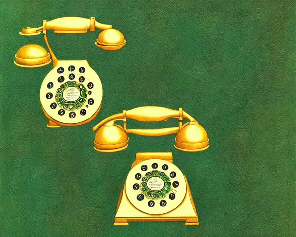 Prompt: an achingly beautiful print a golden rotary phone on a forest green background by Raphael, Hopper, and Rene Magritte. detailed, romantic, enchanting, trending on artstation.