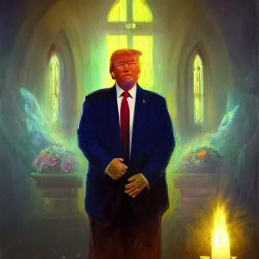 Prompt: a portrait of trump in flowers radiates holy light in the church,in the style of greg rutkowski,epic lighting,Fauvism style,Masterpieces,oil on canvas