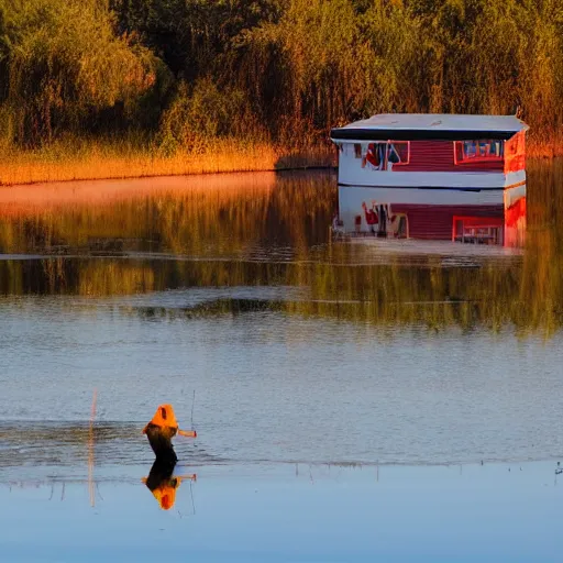 Image similar to scarecrow fishing off a house boat on a red river, dawn, birds in the air, misty, peaceful,