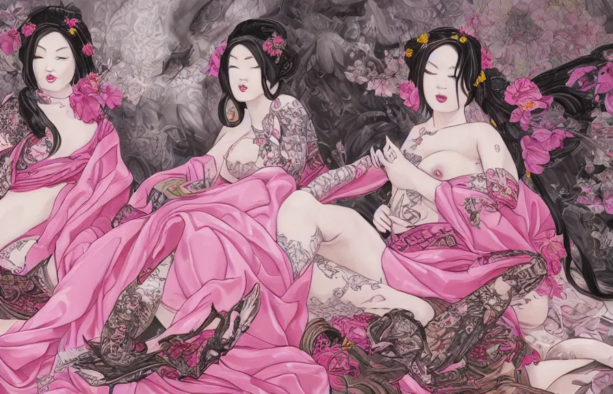 Image similar to full body portrait of Geishas lying in pink silk sheets, whole skin covered with dragon and flowers tattoos, D&D, fantasy, highly detailed, digital art, trending on artstation, smooth, sharp focus, illustration, art by artgem