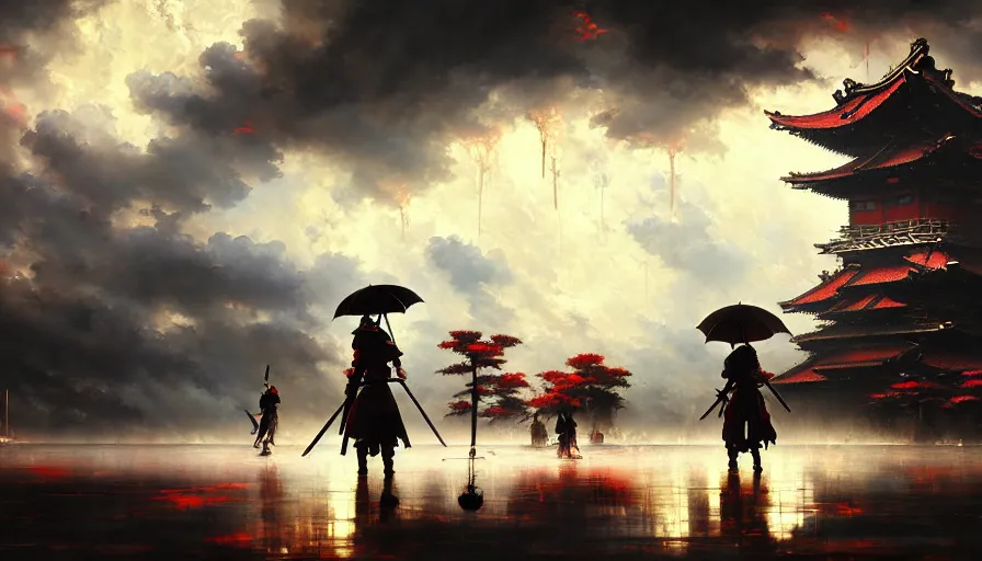 Prompt: baroque oil painting of key visual great samurai war, rain, storm, final fantasy, fake detail, trending pixiv fanbox, acrylic palette knife, style of makoto shinkai takashi takeuchi yoshiyuki sadamoto greg rutkowski chiho aoshima