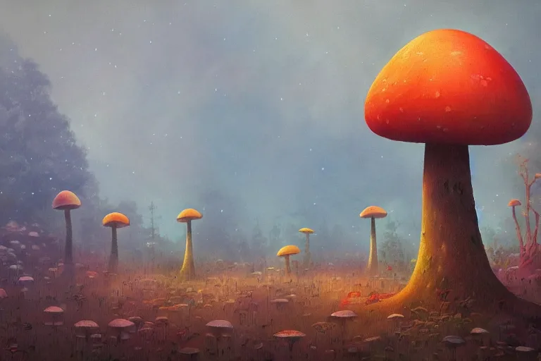 Image similar to mushroom forest by Shaun Tan and Hiroshi Yoshida, trending on artstation