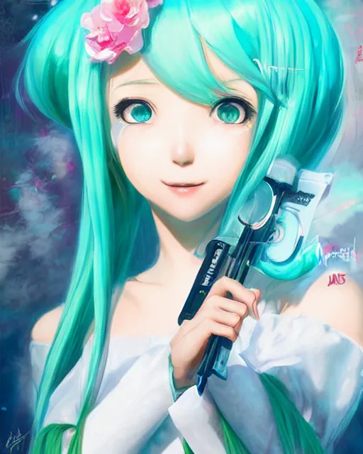 Image similar to A very beautiful painting of Hatsune Miku by rossdraws, wlop, artgerm, Gil Elvgren, Ilya kuvshinov