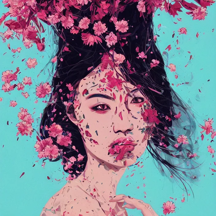 Prompt: candid portrait of very beautiful young filipino woman with narrow face, surrounded by dramatic swirling smoke and flowers, face partially obscured, dark background, by conrad roset, abstract, trending on artstation