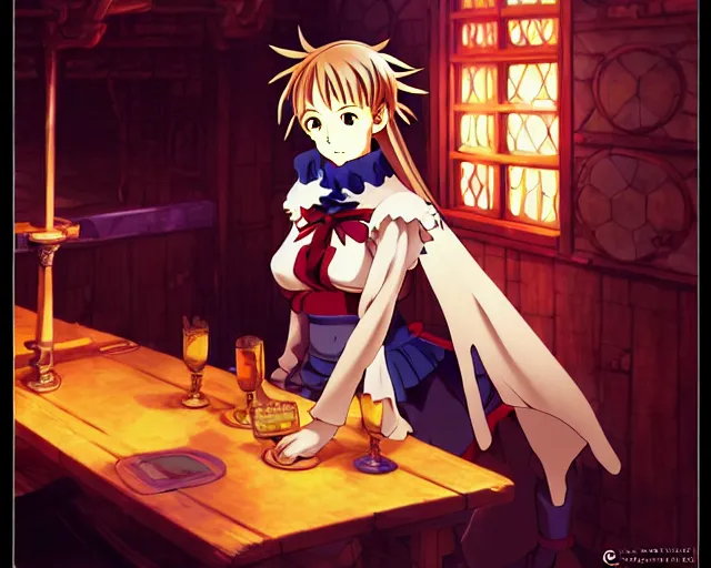 Prompt: anime visual, portrait of a young female in a busy fantasy medieval tavern interior at night, face by yoh yoshinari, murata range, last exile, blue submarine no 6, dynamic pose, dynamic perspective, detailed silhouette, cel shaded anime, seven deadly sins anime, anime artbook, anime cels, matte color, intricate, detailed