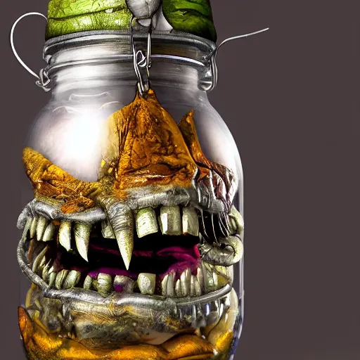 Image similar to Evil monster in a jar by John Howe, product photography, centered, studio lightning