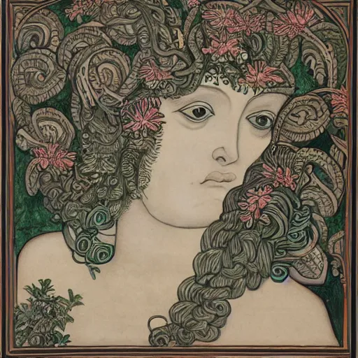 Image similar to detailed, portrait of medusa, surrounded by lotus flowers and geometry