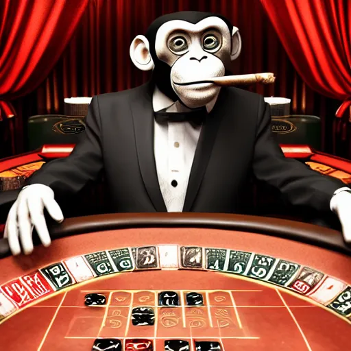 Prompt: monkey in a suit smoking a cigar and playing poker in a casino, 5 0 mm, black and white photo, octane render, realistic