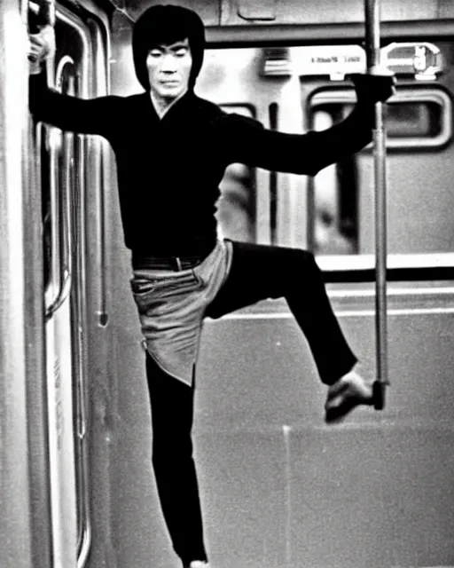 Image similar to bruce lee demonstrates using his nunchucks while riding a subway train