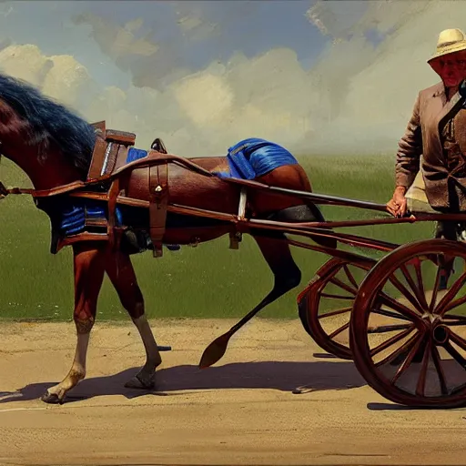 Prompt: a man pulling a cart, horse on cart, hyperrealism, no blur, 4 k resolution, ultra detailed, style of ron cobb, adolf hiremy - hirschl, syd mead, ismail inceoglu, rene margitte