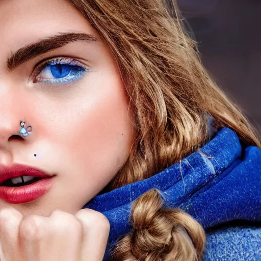 Image similar to a portuguese girl with white - fair!!!!! skin, dirty blonde hair and blue eyes, wearing a disney land coat and blue jeans, 4 k, 8 k, photorealistic facial features