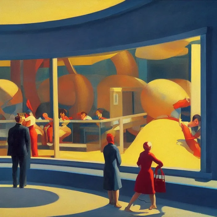 Image similar to round metaballs belting together and dripping on the floor, painted by Edward Hopper, painted by James Gilleard, surrealism, airbrush