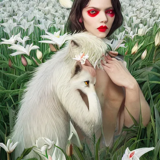 Image similar to pretty model with white wolf, white lilies : : by martine johanna and simon stalenhag and chie yoshii and casey weldon and wlop : : ornate, dynamic, particulate, rich colors, intricate, elegant, highly detailed, vogue, wolf, harper's bazaar art, fashion magazine, smooth, sharp focus, 8 k, octane render