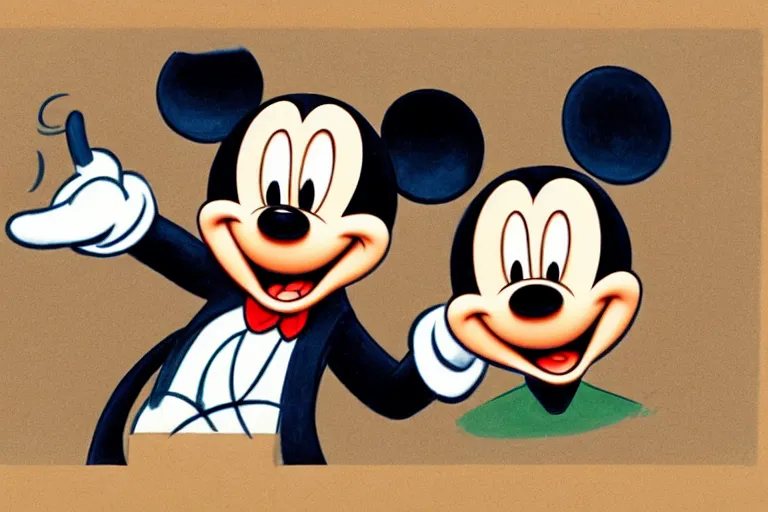 Image similar to courtroom sketch of vintage disney character mickey mouse presenting evidence of copyright infringement before the judge serious dark tone