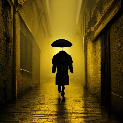 Prompt: A small child a yellow rain coat obscuring his face walking alone in a dark alley,it is raining heavily, scary atmosphere,gloomy lighting, digital art , highly detailed , high contrast, beautiful lighting, award winning , trending on art station, 8k, photo realistic