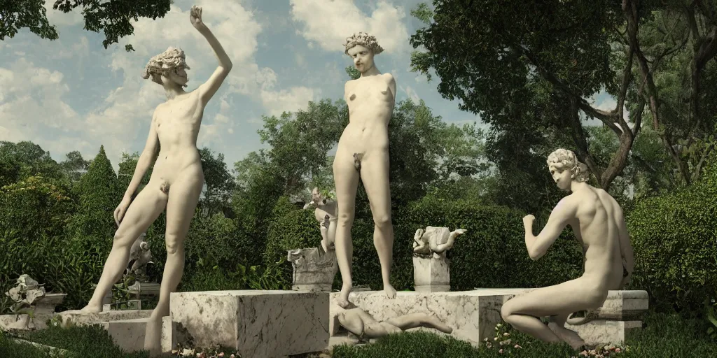 Image similar to Garden Utopia, surrealism, outside, Greek marble statues, earthly pleasures, intricate artwork by caravaggio. Trending on artstation, octane render, cinematic lighting from the right, hyper realism, octane render, 8k, depth of field, 3D